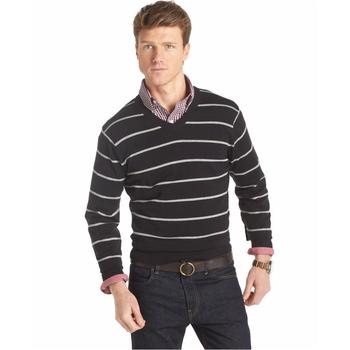 Izod Men's All Over Stripe Long Sleeve V-Neck Cotton Sweater Shirt