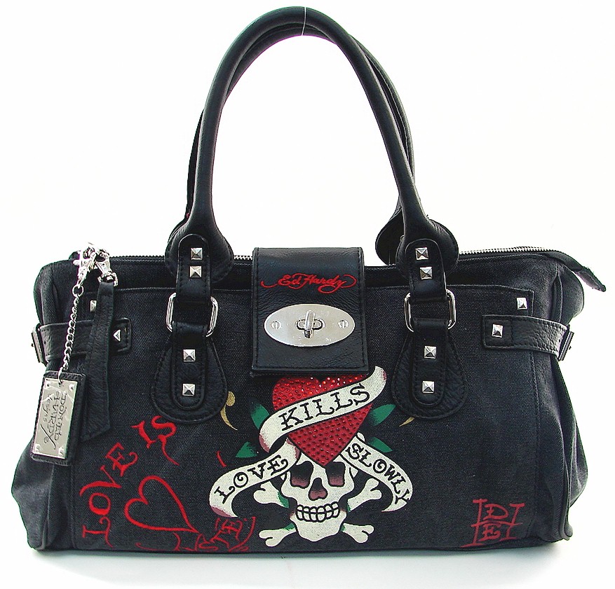 Ed Hardy Black Diddy Satchel Canvas Handbag