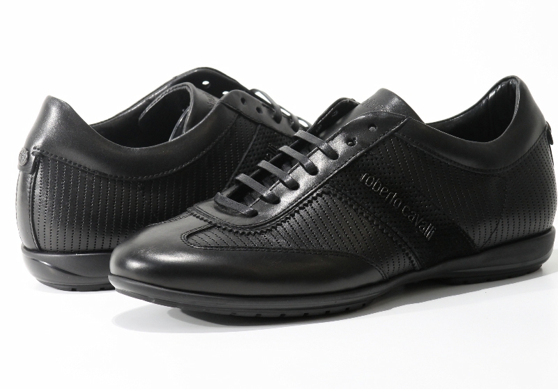 Roberto Cavalli Men's Side Suede Logo Fashion Shoes Black Sneakers