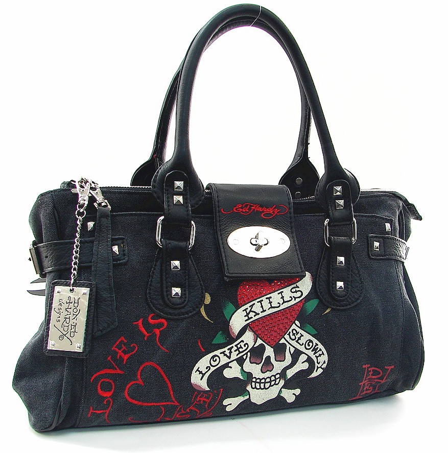 Ed Hardy Black Diddy Satchel Canvas Handbag