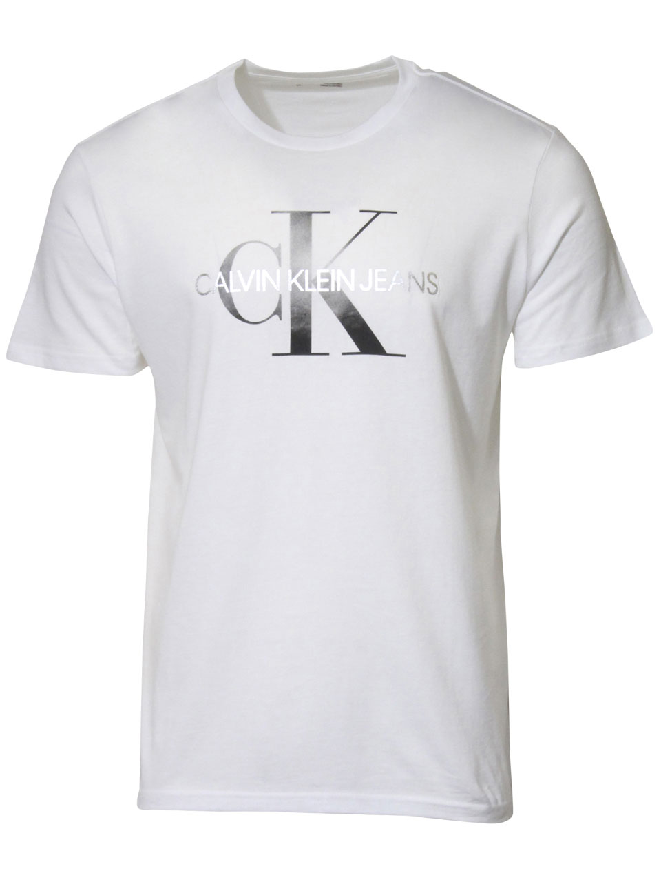 Neck White Monogram T-Shirt Klein Men\'s Calvin Logo Metallic Crew Brilliant L