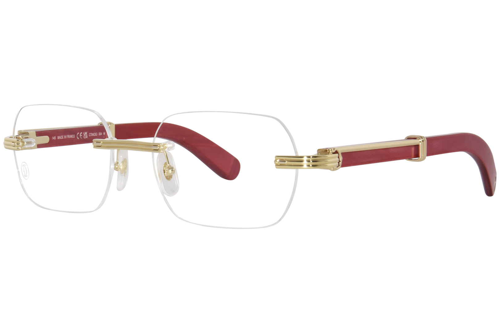 Cartier Exception CT0423O 004 Wood Eyeglasses Gold Red Rimless 54