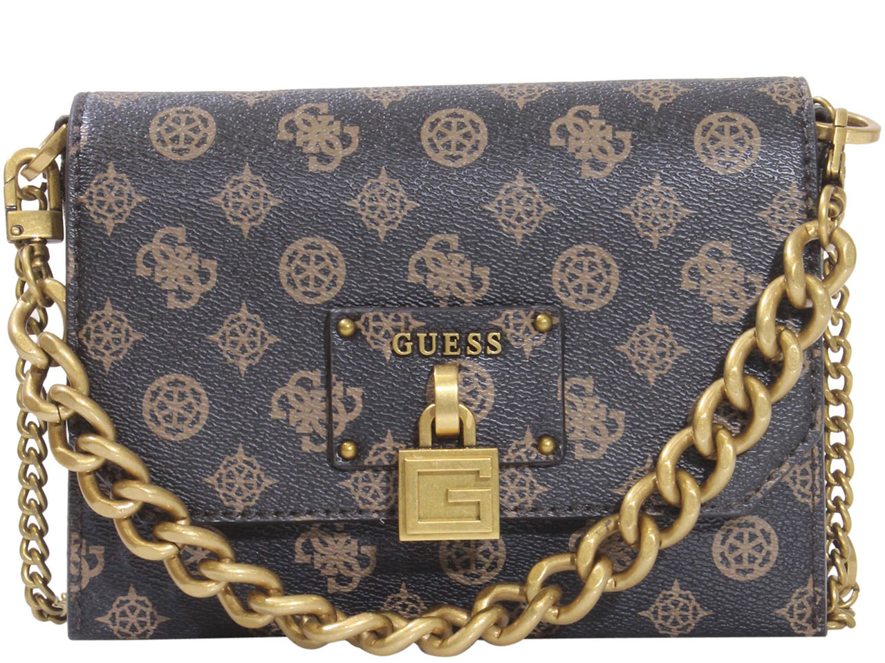 Mocha logo centre stage flap over guess crossbody — Therapy