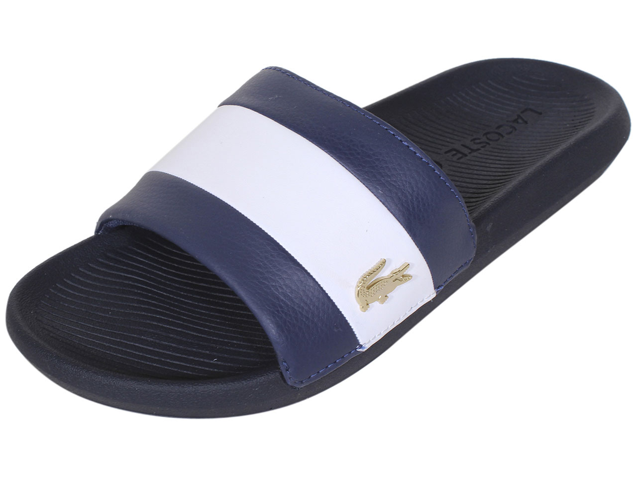 navy blue lacoste slides