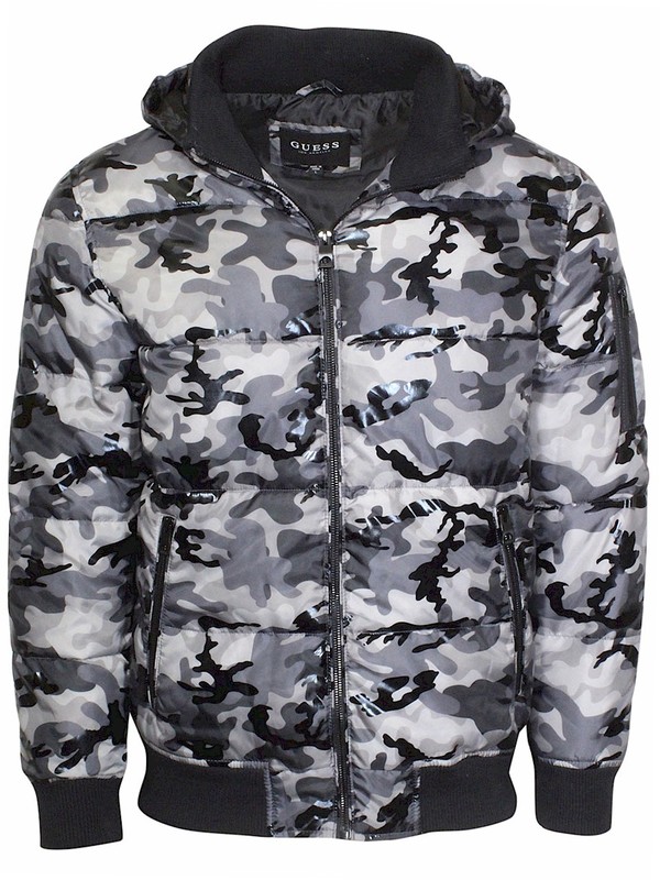 Guess Liquid Camo Puffer Jacket Men's Hooded Zip Front