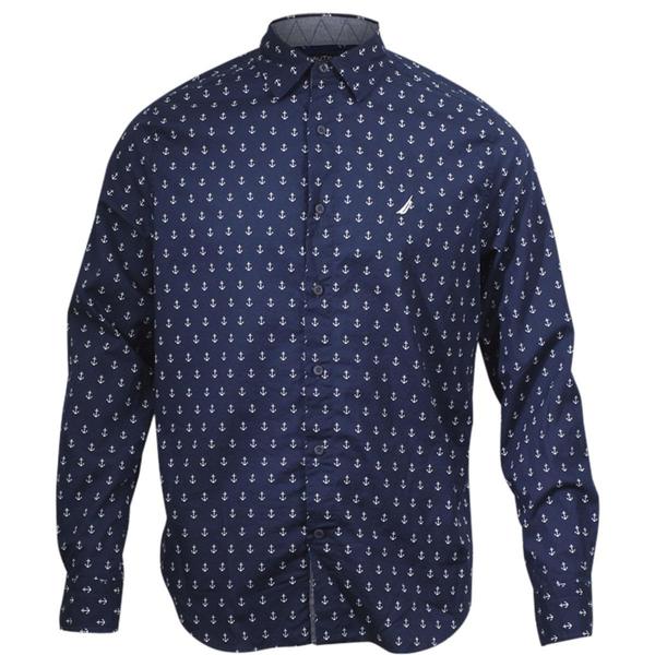  Nautica Men's Classic Fit Anchor Print Long Sleeve Cotton Button Down Shirt 