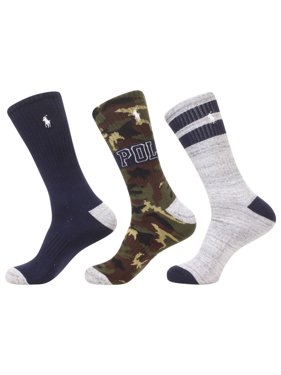 Polo Ralph Lauren Men's Socks Camouflage Crew 3-Pair Green/Navy 10-13 Fit   