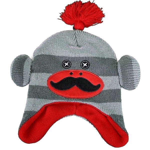 Critter Collection Boy's Knit Grey/Red Sock Monkey Fleece Hat Sz. 4-7