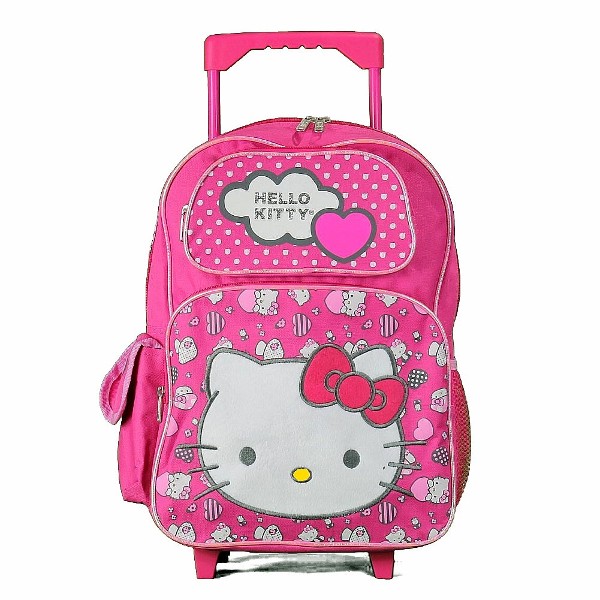  Hello Kitty Hearts & Dots Pink Rolling Backpack 17in School Bag 