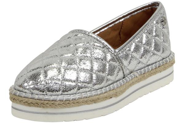  Love Moschino Women's Metallic Silver Crackle Quilted Slip-On Espadrille Loafer 