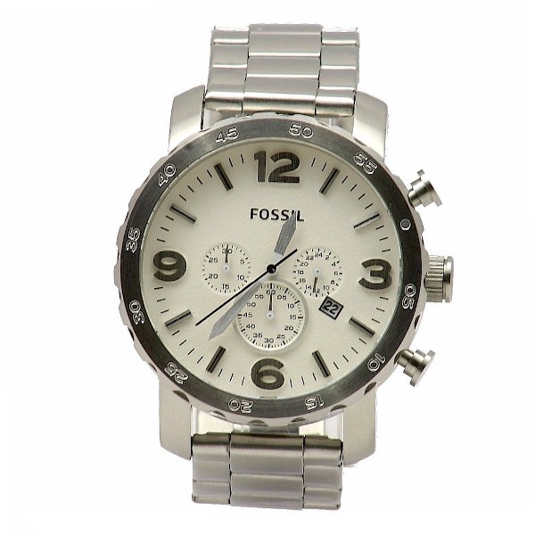  Men's Fossil Nate JR1444 Silver Stainless Steel Chronograph Watch 