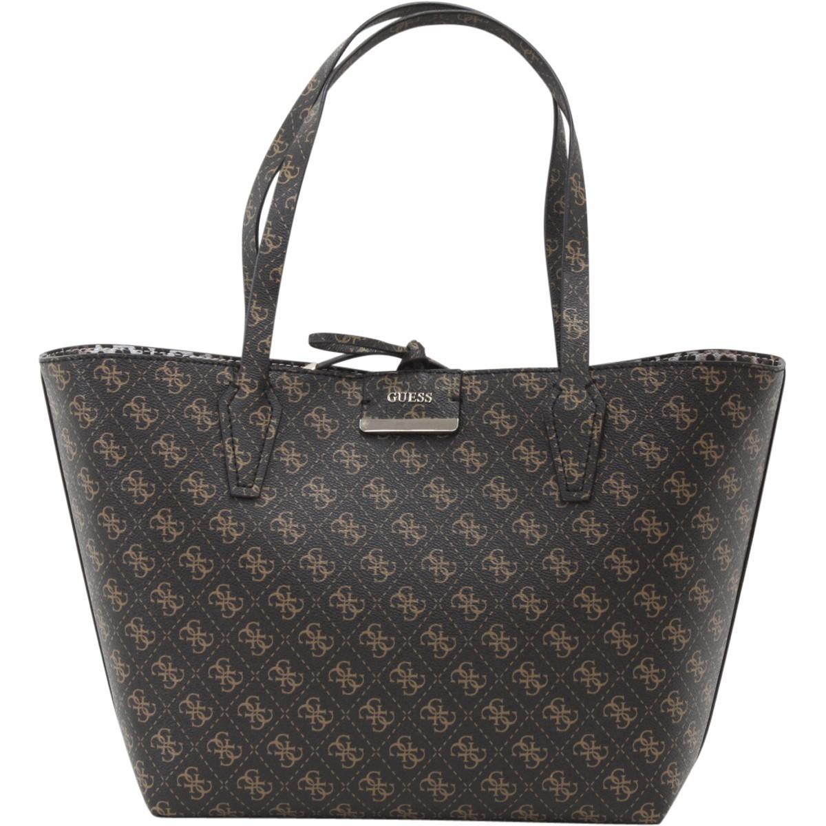 Guess Women's Bobbi Inside Out Large Reversible Tote Handbag Set - Brown Logo Print Pebbled Faux Leather -  Bobbi; 642236