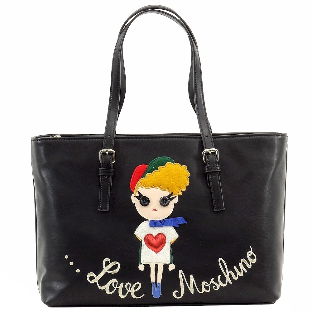 Love Moschino Women S Embroidered Girl Leather Tote Carry All Handbag