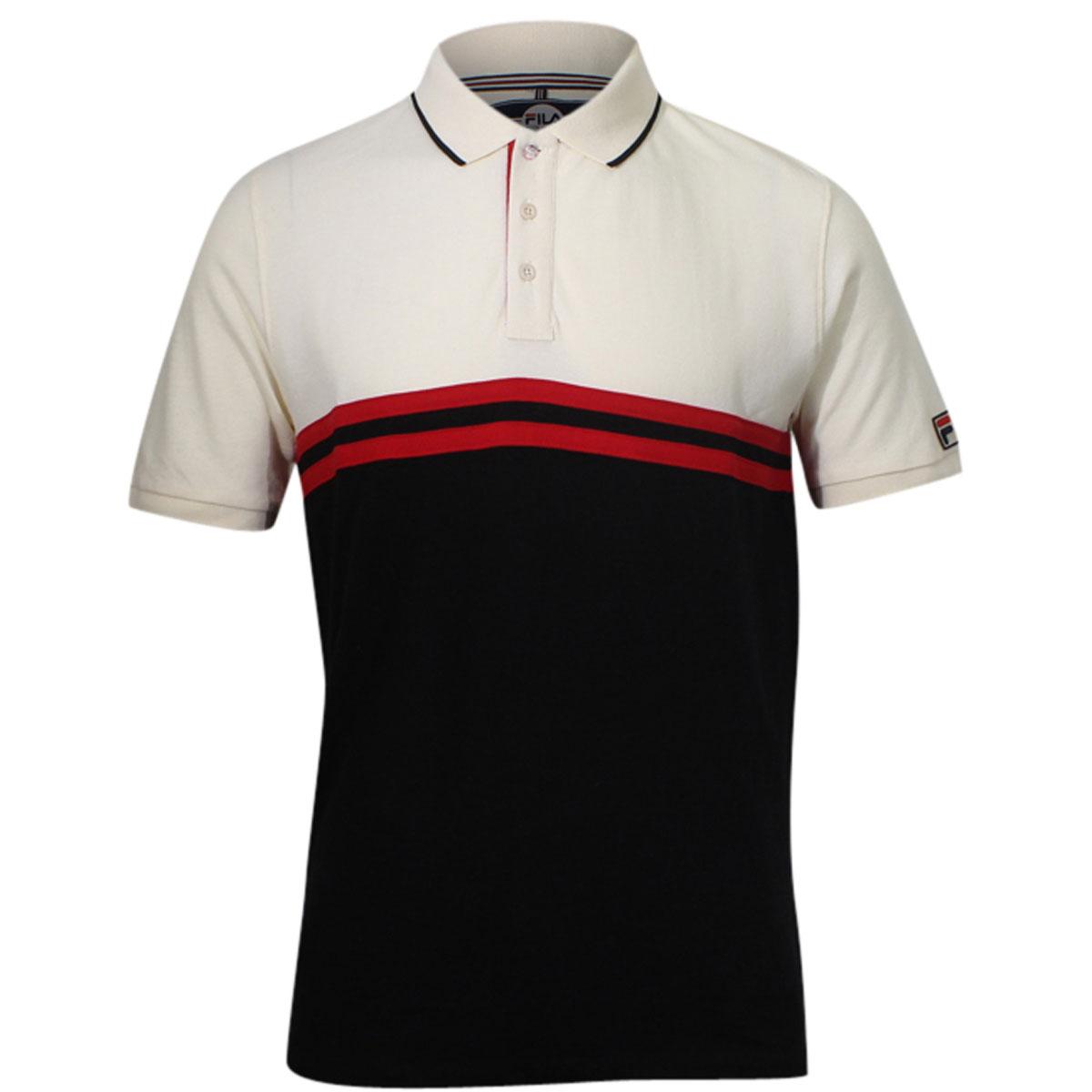 Fila Men's Dominico Short Sleeve Cotton Polo Shirt - Black/Gardenia/Chinese Red - Large